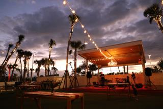 Outdoor evening event with string lights and palm trees under a cloudy sky.